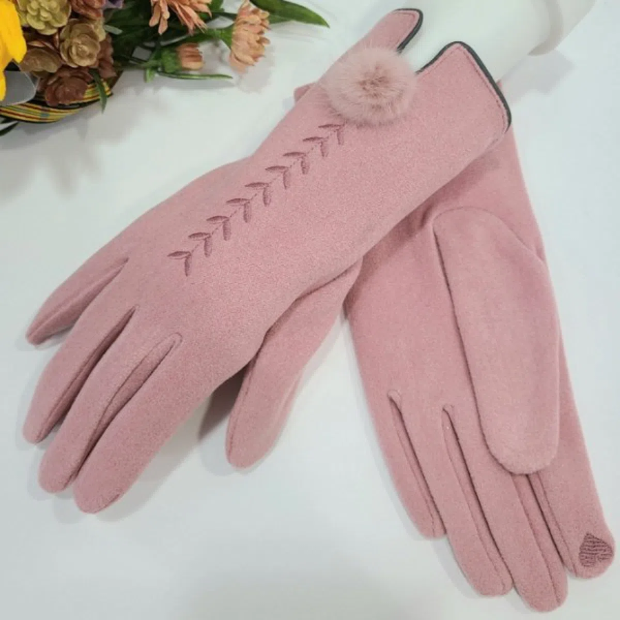 Женские Зимние Перчатки с Вышивкой в Виде Листьев, Меховыми Помпонами и Touch-функцией — уют и изящество в деталях