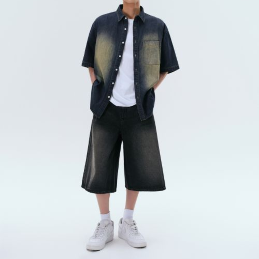 Big Brush Relaxed Short Sleeve Denim Shirt (Navy)