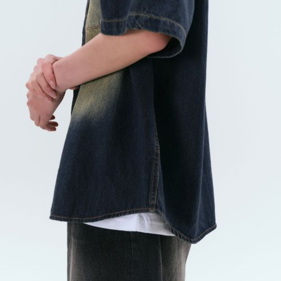 Big Brush Relaxed Short Sleeve Denim Shirt (Navy)