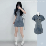 Мини-платье-рубашка из светлого денима с короткими рукавами и бантом на талии