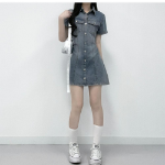 Мини-платье-рубашка из светлого денима с короткими рукавами и бантом на талии