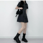 Мини-платье-рубашка из светлого денима с короткими рукавами и бантом на талии