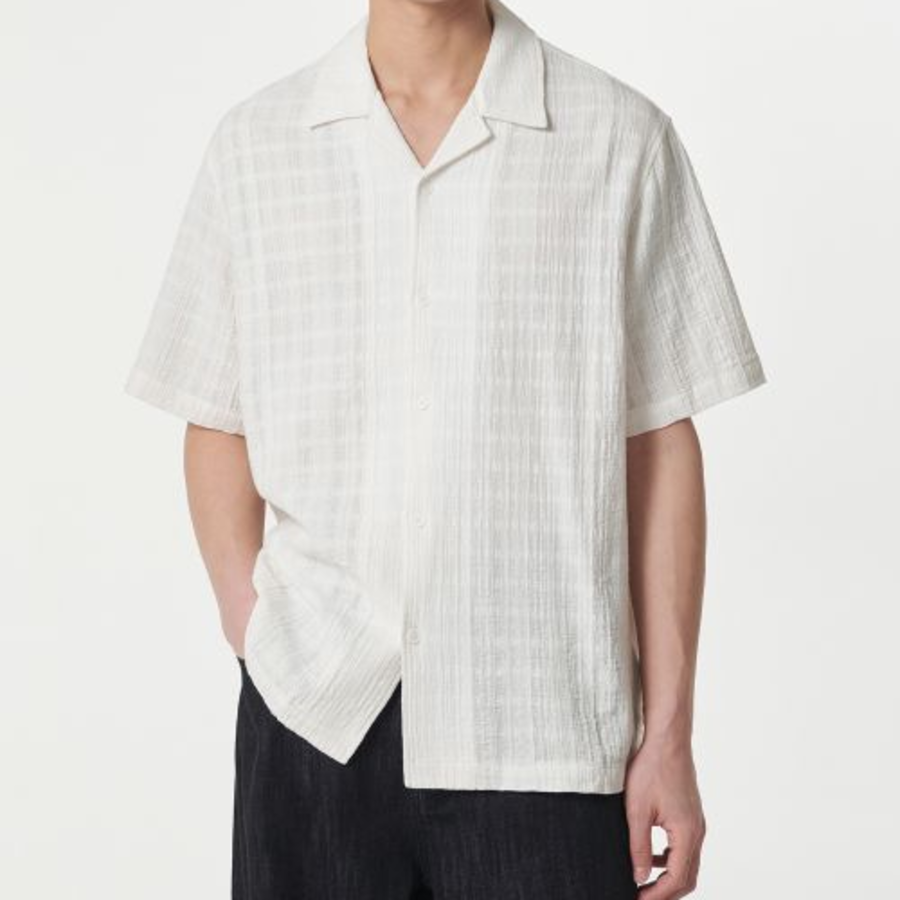Plaid Texture Open Collar Short Sleeve Shirt (Ivory)