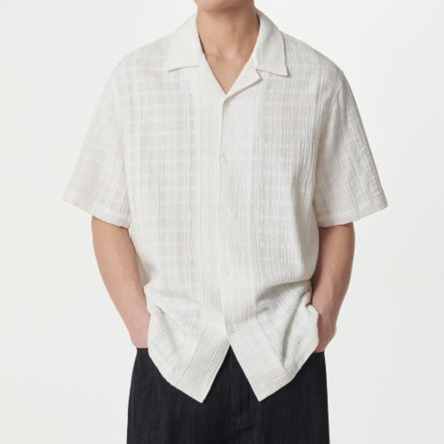 Plaid Texture Open Collar Short Sleeve Shirt (Ivory)