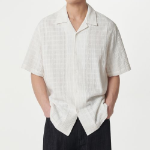 Plaid Texture Open Collar Short Sleeve Shirt (Ivory)