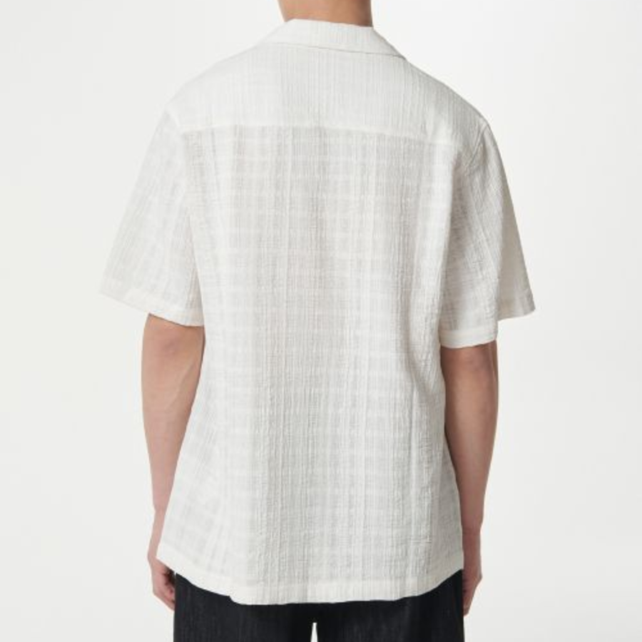 Plaid Texture Open Collar Short Sleeve Shirt (Ivory)