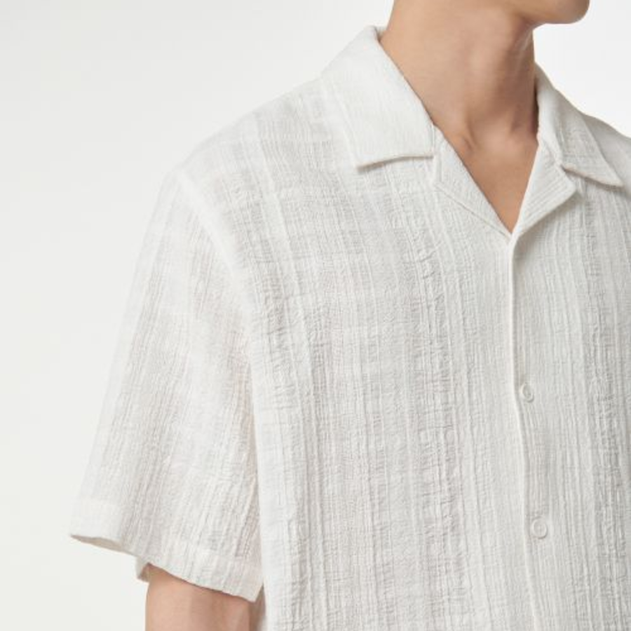 Plaid Texture Open Collar Short Sleeve Shirt (Ivory)