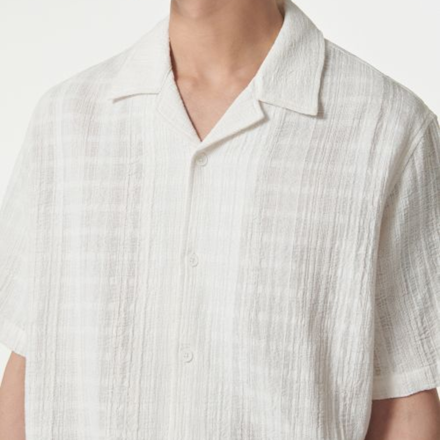 Plaid Texture Open Collar Short Sleeve Shirt (Ivory)