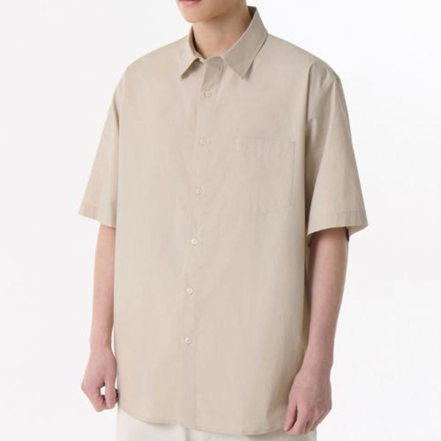 Relaxed Soft Poplin Short Sleeve Shirt (Light Beige)