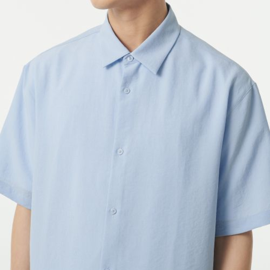 Relaxed Linen-Like Short Sleeve Shirt (Sky Blue)