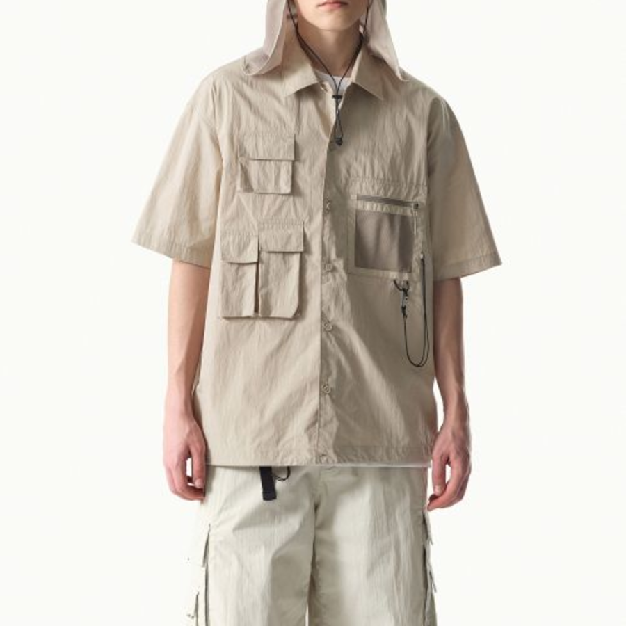 City Leisure CN Oversized Multi-Pocket Short Sleeve Shirt (Beige)