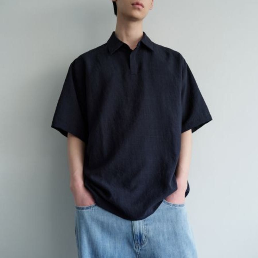 Relaxed Linen-Like Tunic Short Sleeve Shirt (Navy)
