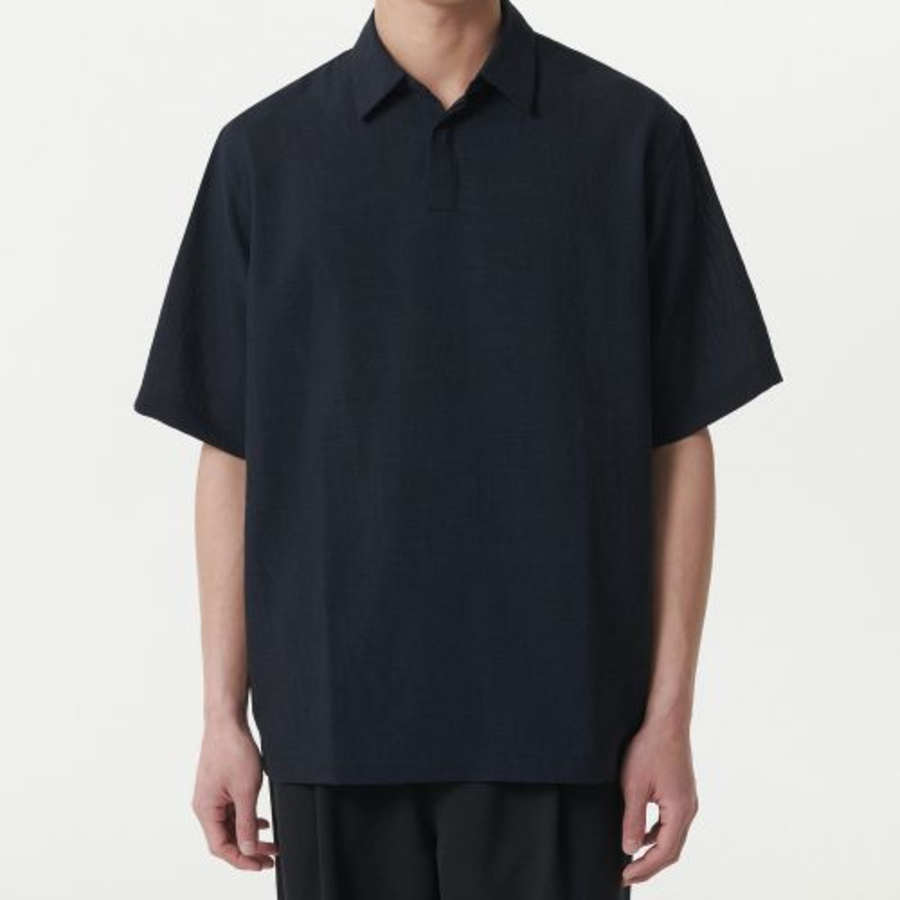 Relaxed Linen-Like Tunic Short Sleeve Shirt (Navy)