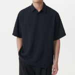 Relaxed Linen-Like Tunic Short Sleeve Shirt (Navy)
