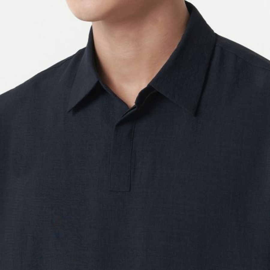 Relaxed Linen-Like Tunic Short Sleeve Shirt (Navy)