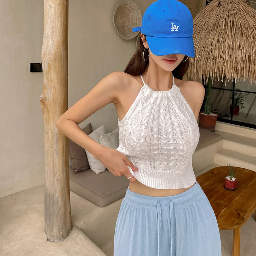 TS19939F Cable Knit Halter Tank Top