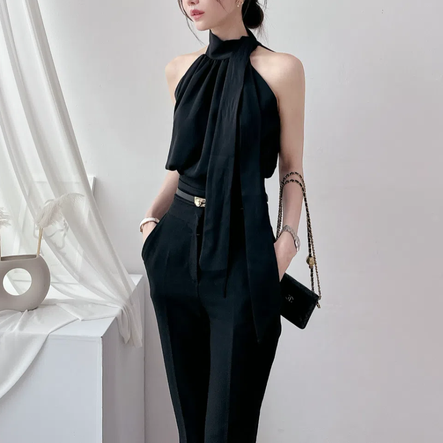 Suyeon Silky Scarf Ribbon Halterneck Blouse