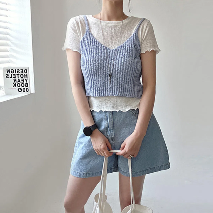 Summer Cropped Layered Knit Bustier Strap Tank Top