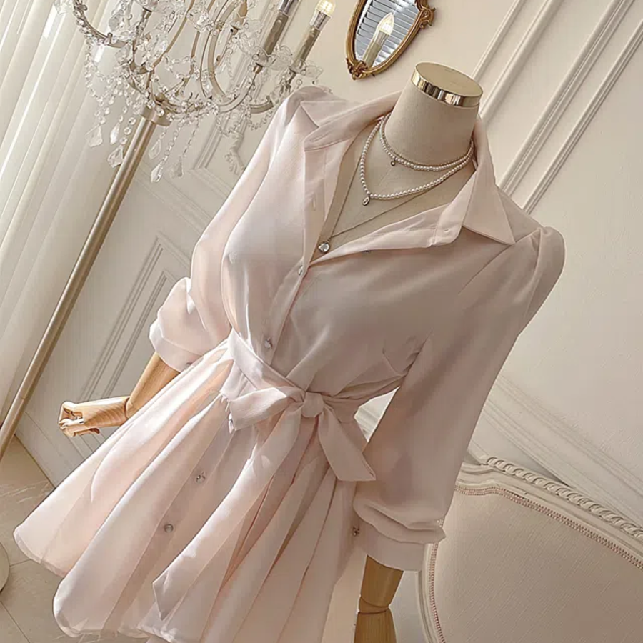 Мини-платье-рубашка с оборками и поясом