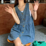 Мини-платье из денима без рукавов с V-образным вырезом и эффектом многослойности