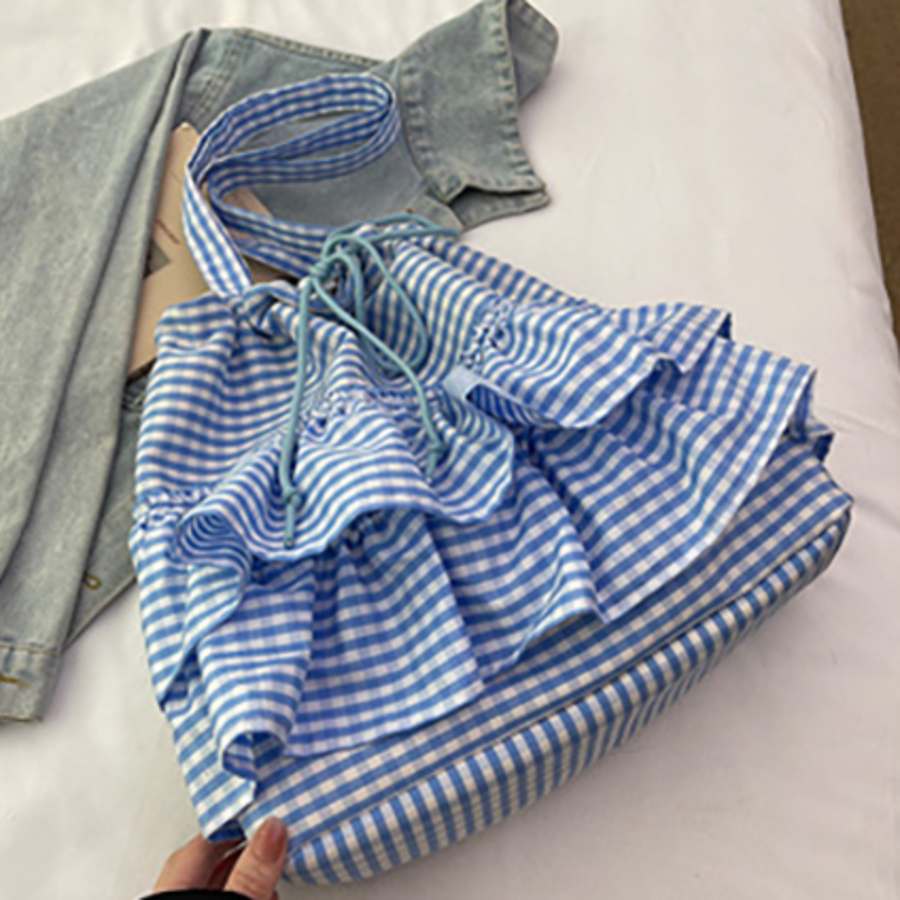 Фриловая клетчатая экосумка с застёжкой на шнурок — нежный акцент в повседневном стиле