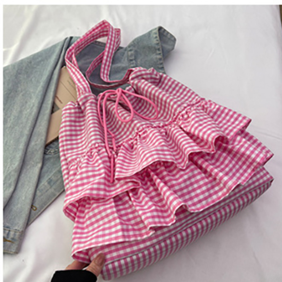 Фриловая клетчатая экосумка с застёжкой на шнурок — нежный акцент в повседневном стиле