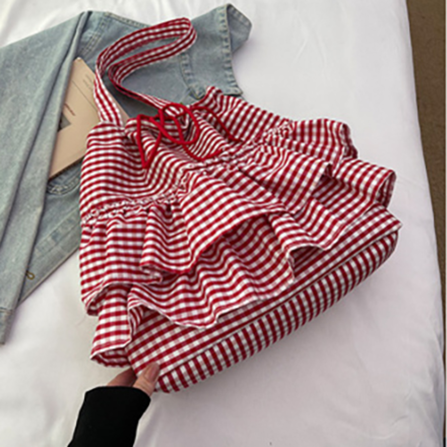 Фриловая клетчатая экосумка с застёжкой на шнурок — нежный акцент в повседневном стиле