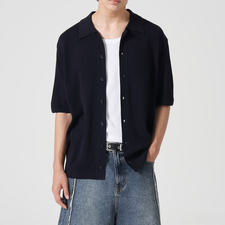 Kanghyun Half-Milano Collar Short-Sleeve Cardigan [Navy]
