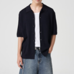 Kanghyun Half-Milano Collar Short-Sleeve Cardigan [Navy]