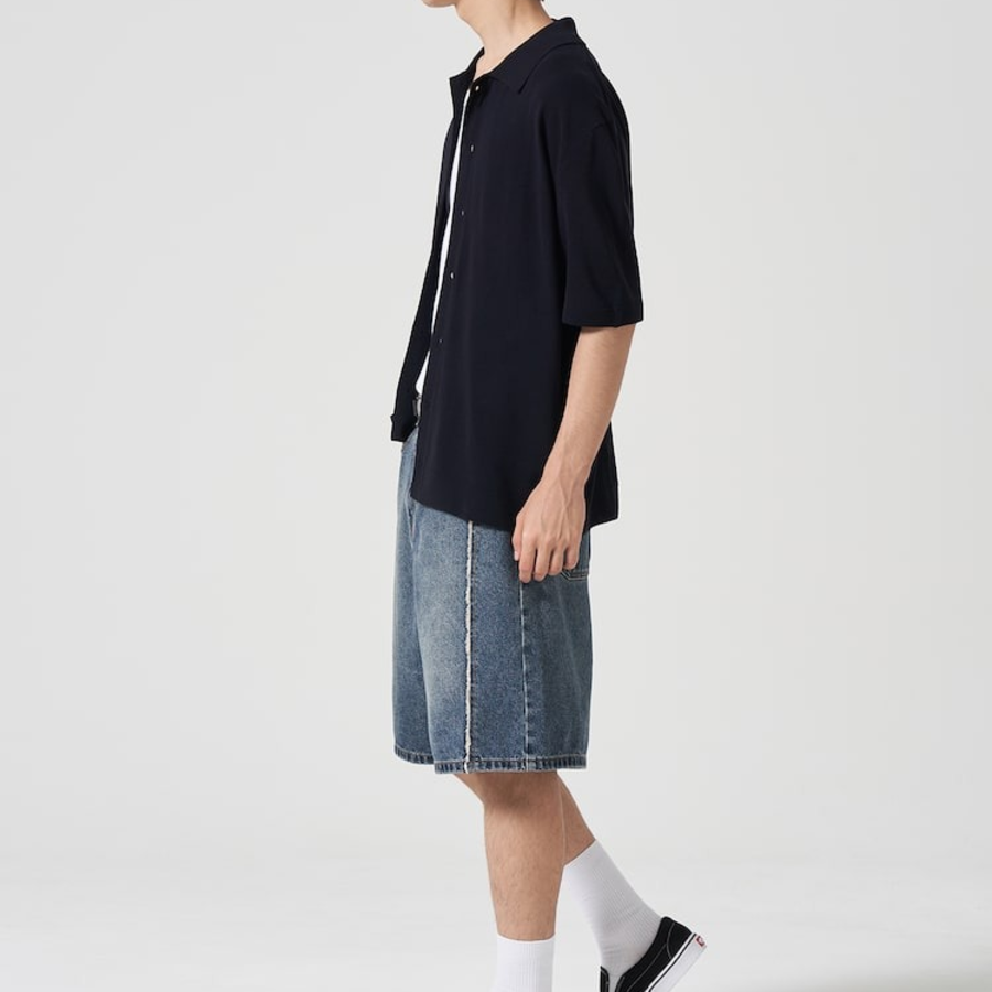 Kanghyun Half-Milano Collar Short-Sleeve Cardigan [Navy]