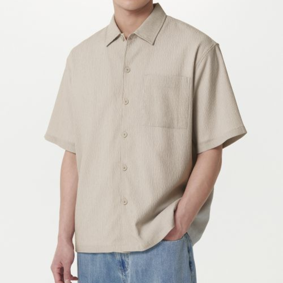 Crinkle Relaxed Short Sleeve Shirt (Light Beige)