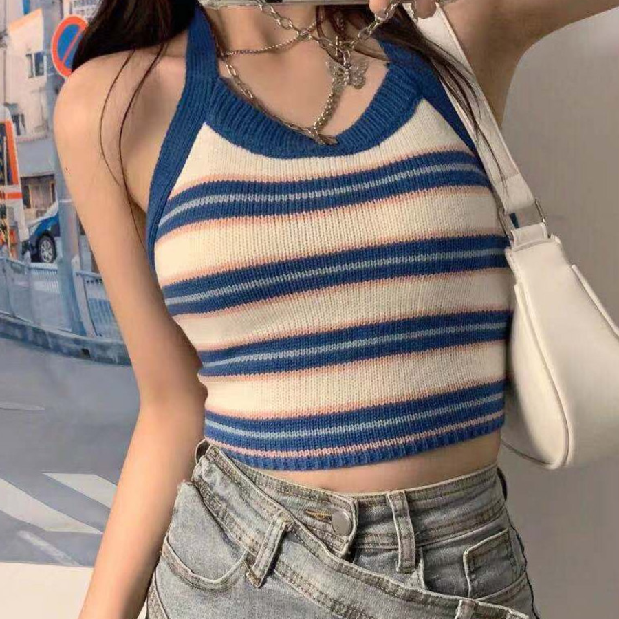 Stripe Adjustable Halter Neck Tank Top