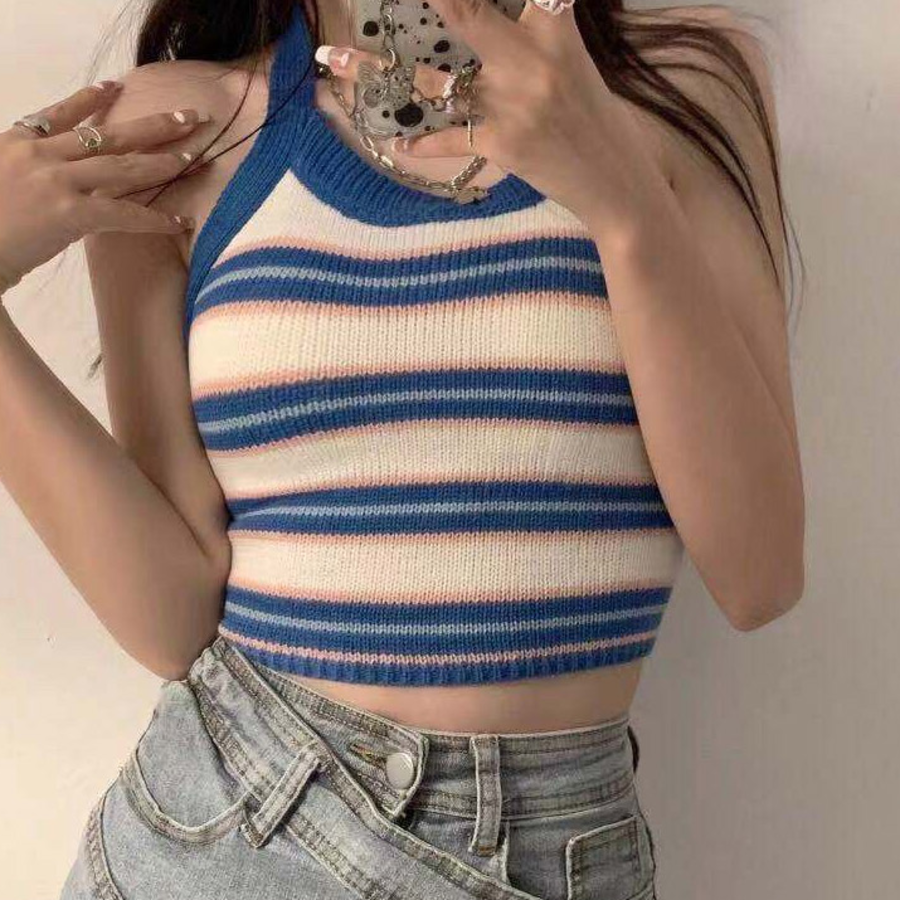 Stripe Adjustable Halter Neck Tank Top