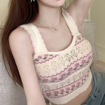 Square Neck Flower Embroidered Crop Knit Sleeveless Top