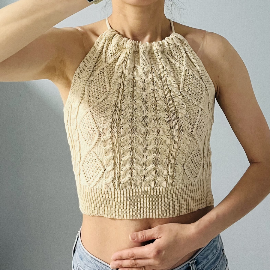 TS19939F Cable Knit Halter Tank Top