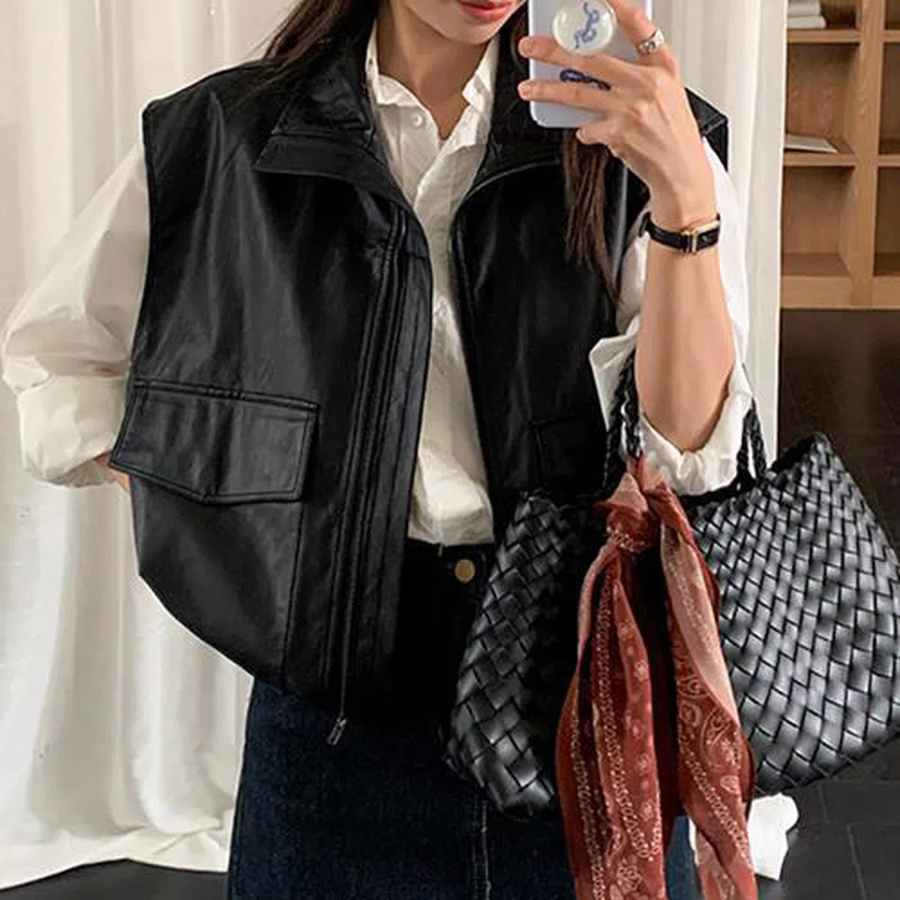 Boxy Fit Pocket Drop Shoulder Leather Vest