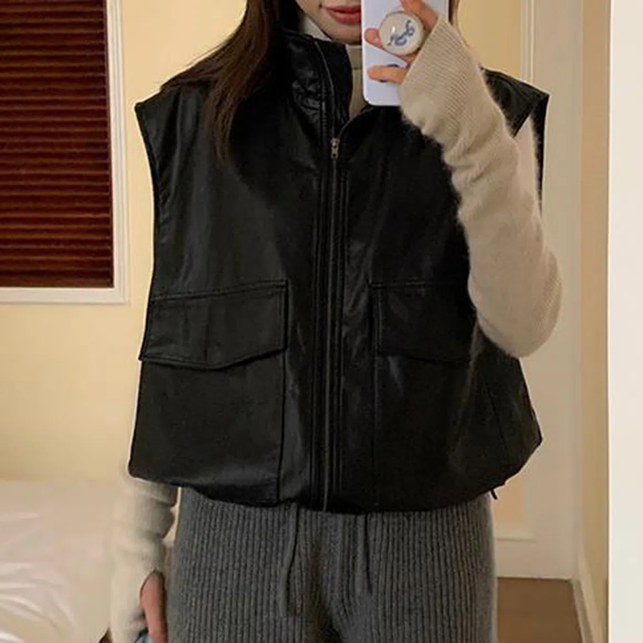 Boxy Fit Pocket Drop Shoulder Leather Vest