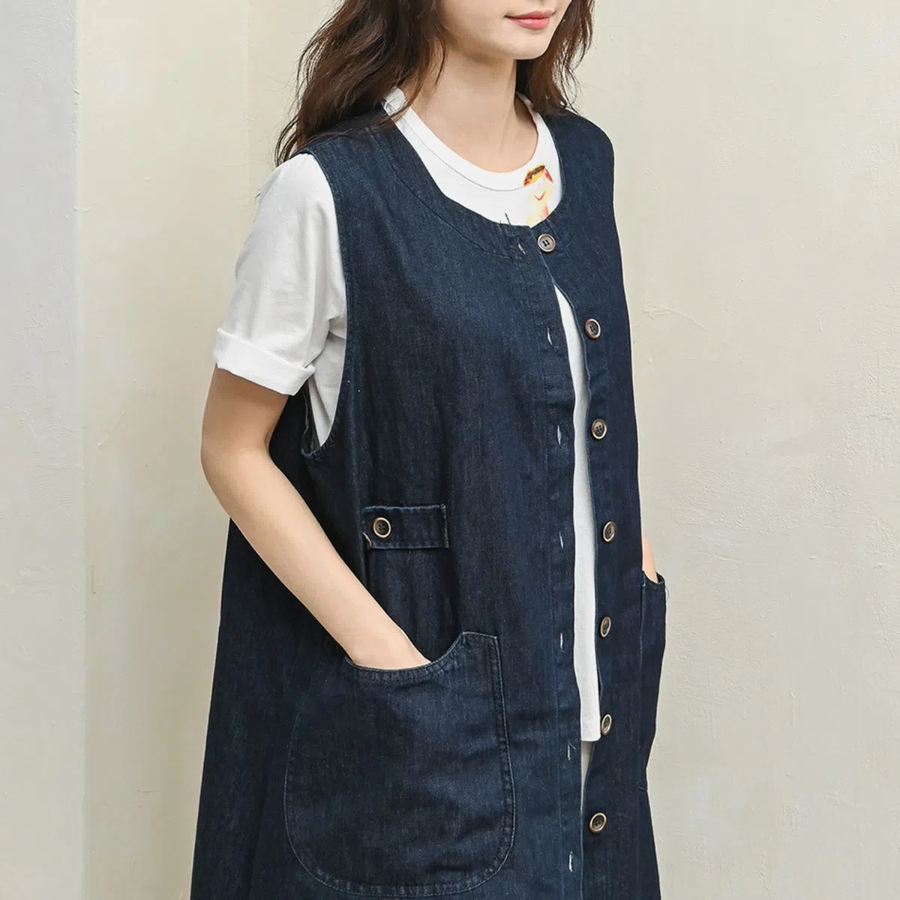 Round Open Denim Long Vest