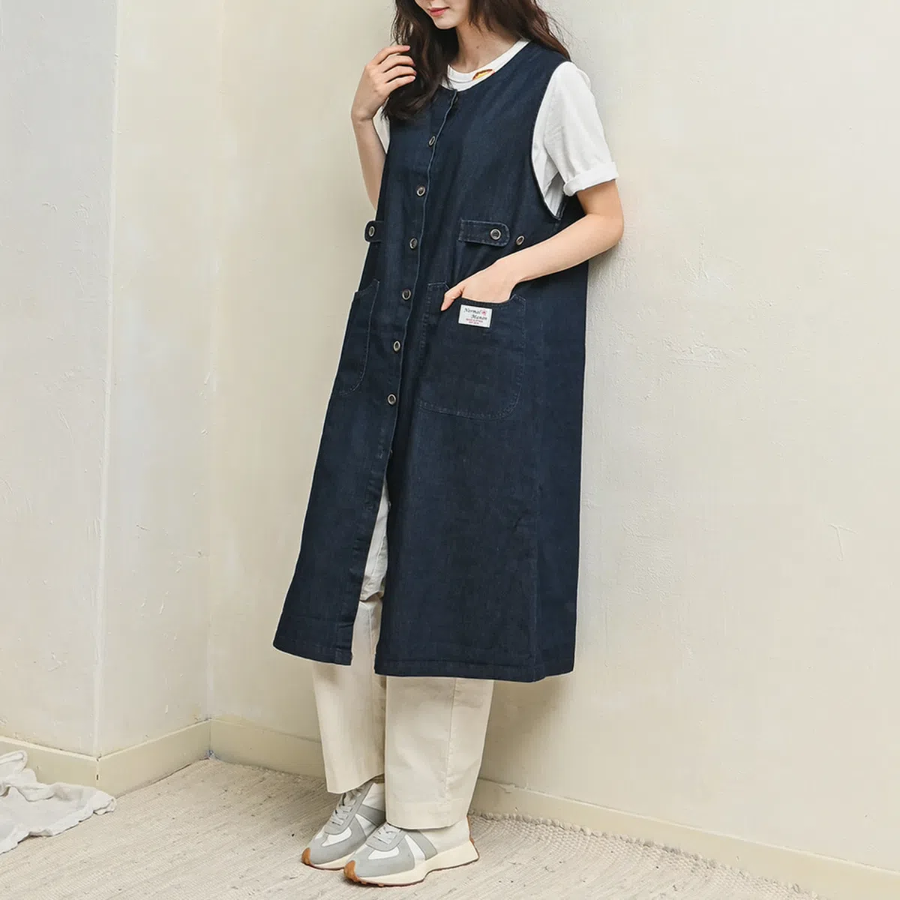 Round Open Denim Long Vest