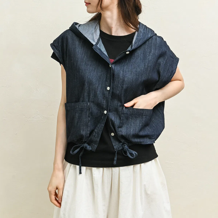 String Deep Blue Denim Hooded Vest
