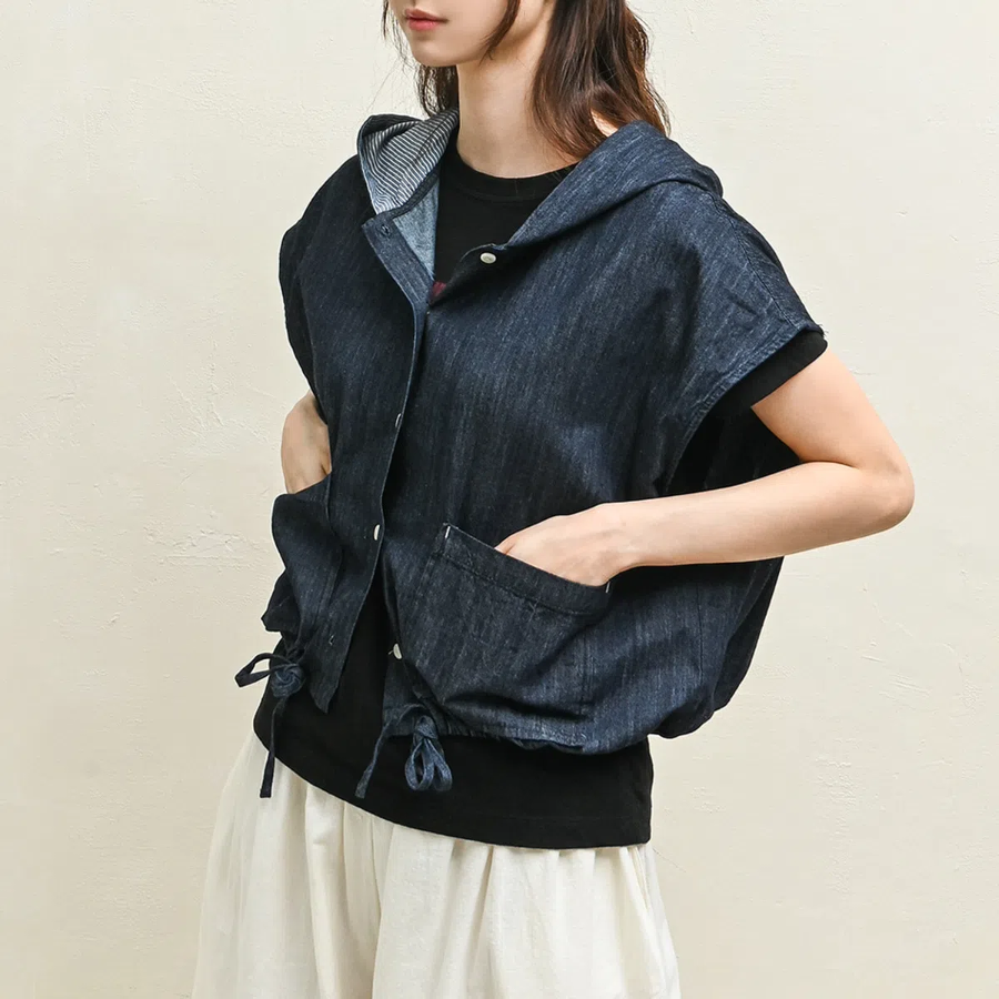 String Deep Blue Denim Hooded Vest