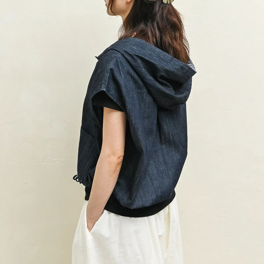 String Deep Blue Denim Hooded Vest