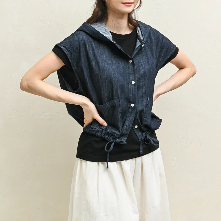 String Deep Blue Denim Hooded Vest