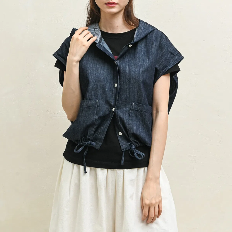 String Deep Blue Denim Hooded Vest