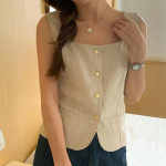 Square Neck Gold Button Sleeveless Vest