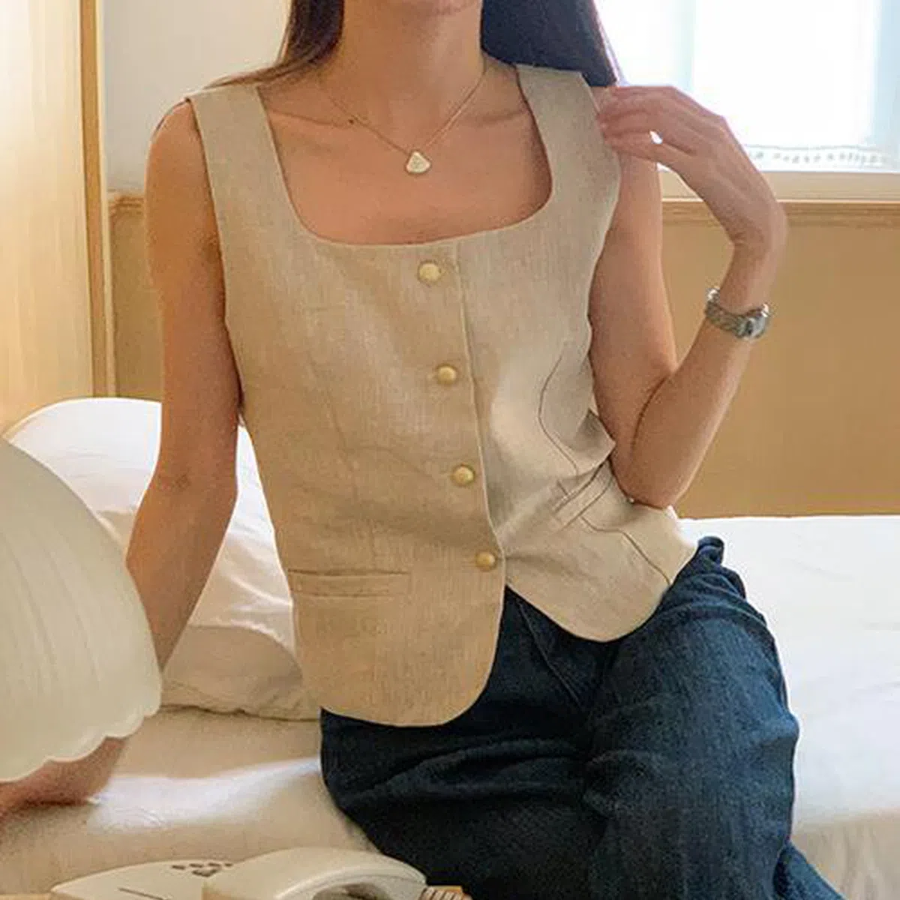 Square Neck Gold Button Sleeveless Vest