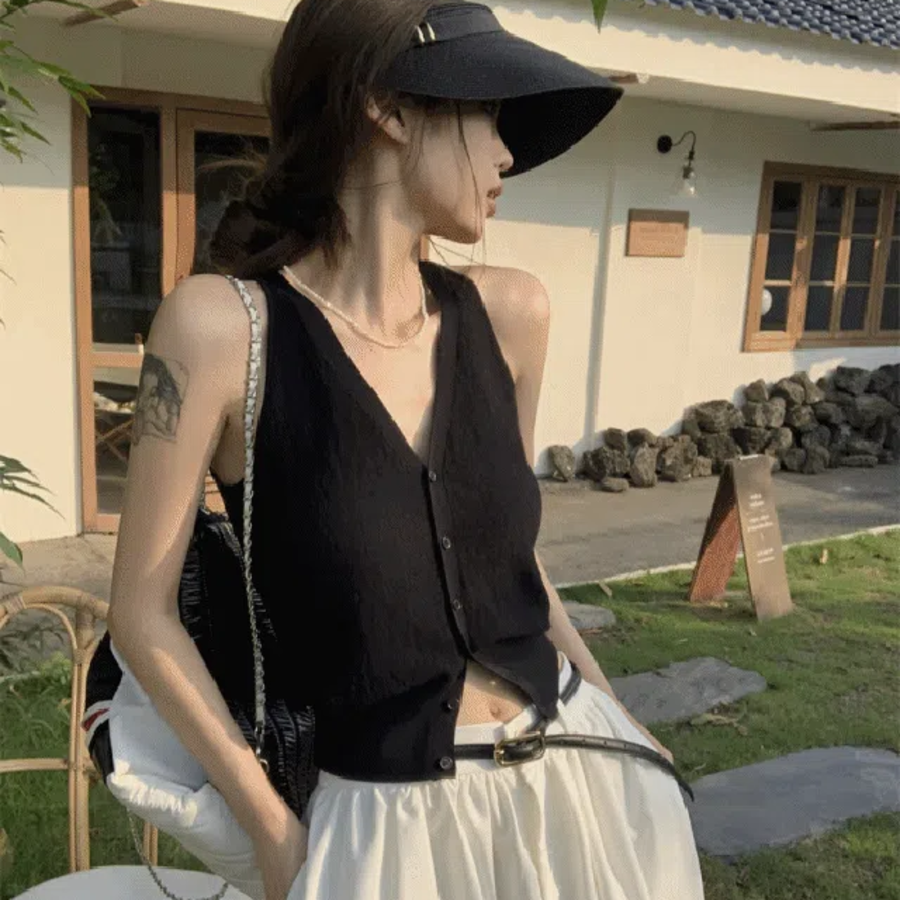 Square Neck Gold Button Sleeveless Vest