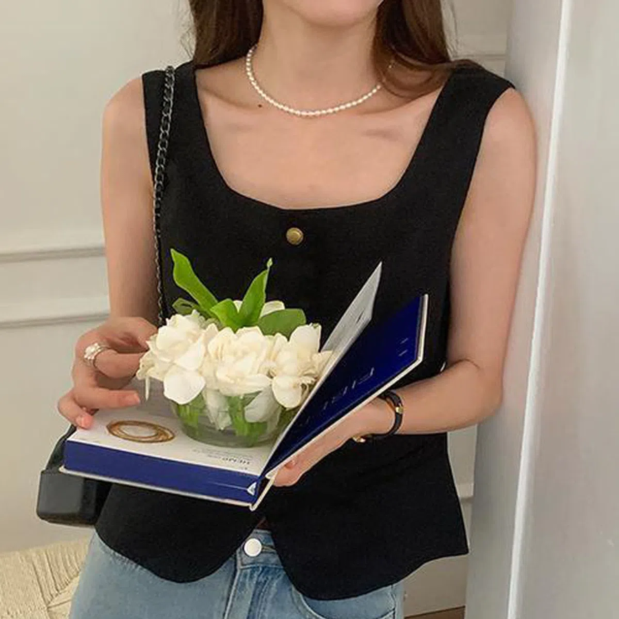 Square Neck Gold Button Sleeveless Vest