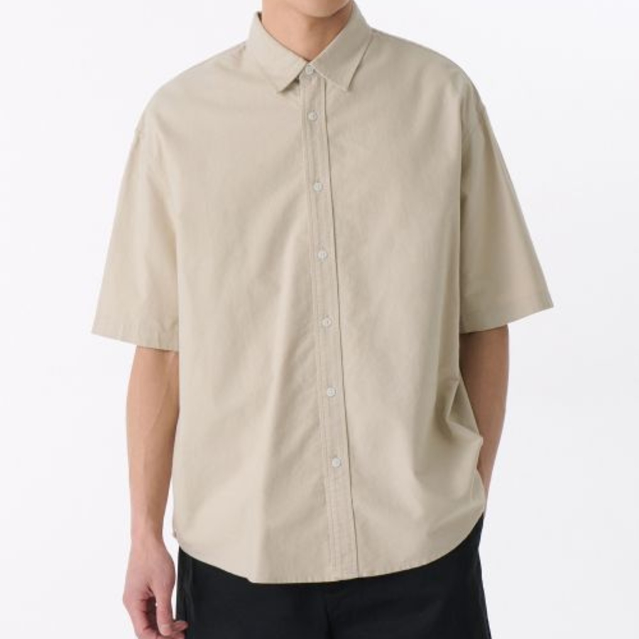 Oversized Oxford Short Sleeve Shirt (Light Beige)