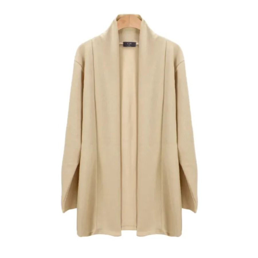 Open Shawl-Collar Stretch Knit Half-Long Cardigan